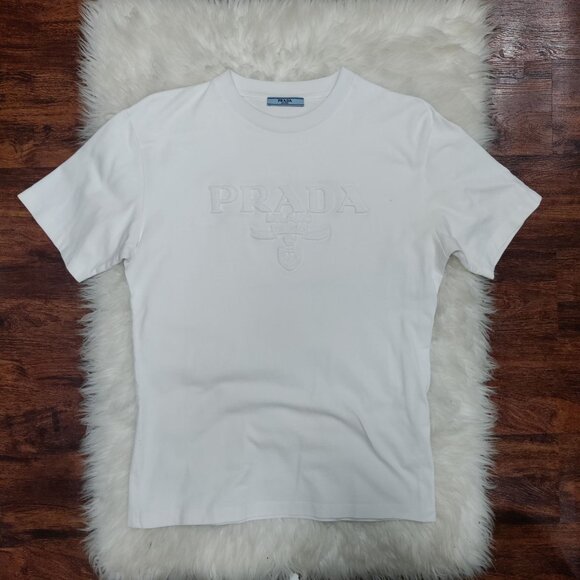 Prada Milano White Logo Embroidered Short Sleeve Designer Luxury Women's Size XL - Picture 2 of 14